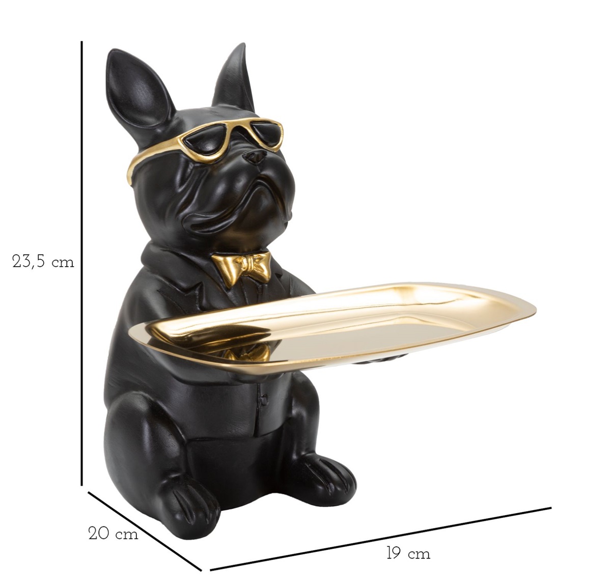 Dekofigur Hund Bulldogge Cool schwarz klein sitzend Tierfigur mit goldenem Tablett Brille H 23,5 cm