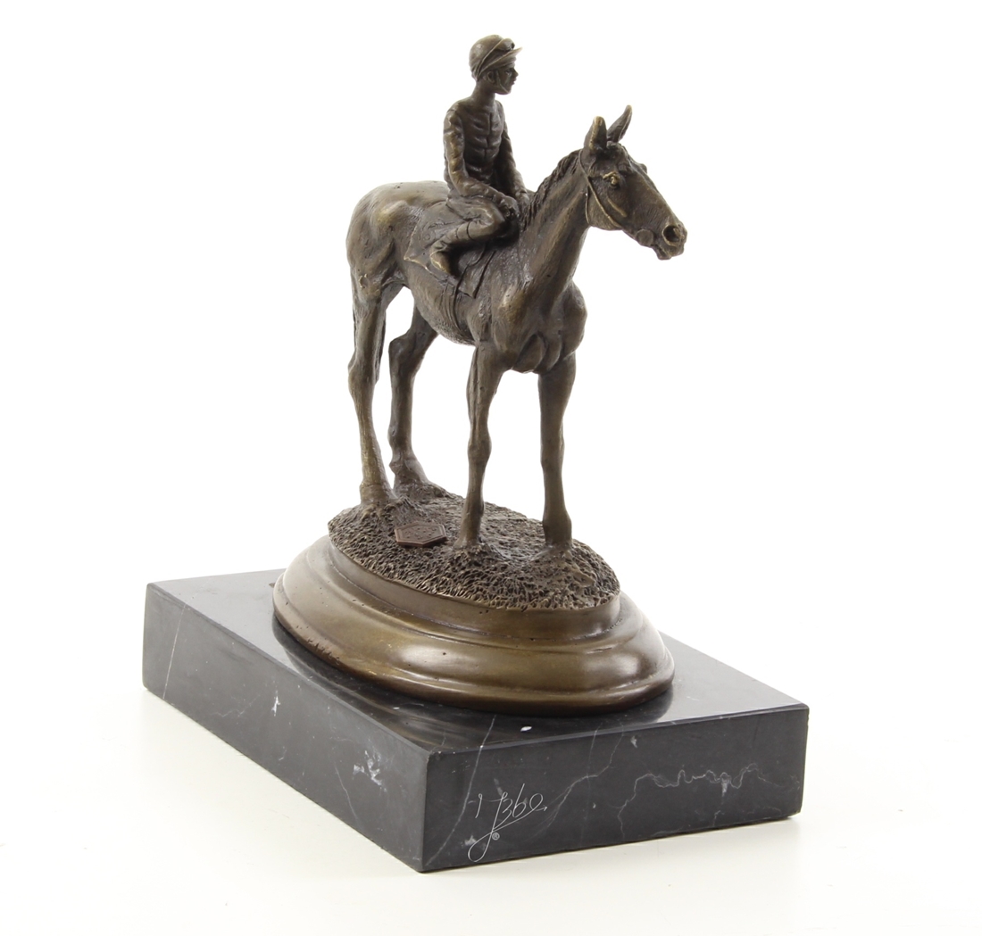 Bronzefigur Bronzeskulptur Tierfigur Jockey auf Pferd aus Bronze auf Marmorsockel H 20 cm Deko Figur