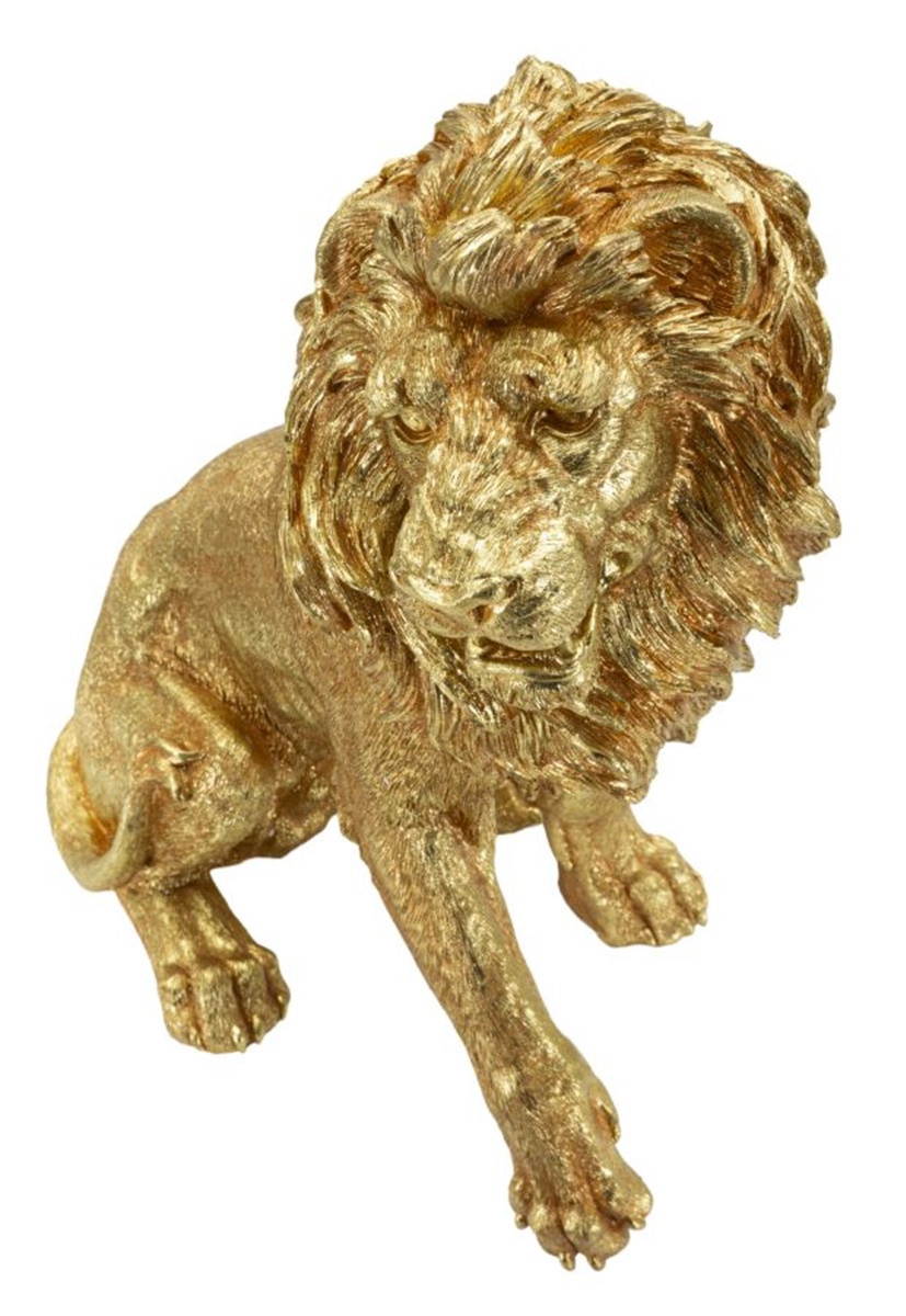 Dekofigur Löwe seitlich sitzend Tierfigur  Skulptur stolzer Löwenkönig Shanti in edlem Gold H 55 cm