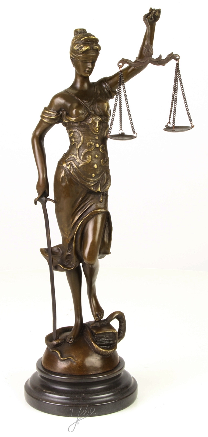 Bronzefigur Bronzeskulptur Bronze Justitia auf Marmorsockel H 40 cm Göttin der Gerechtigkeit Figur