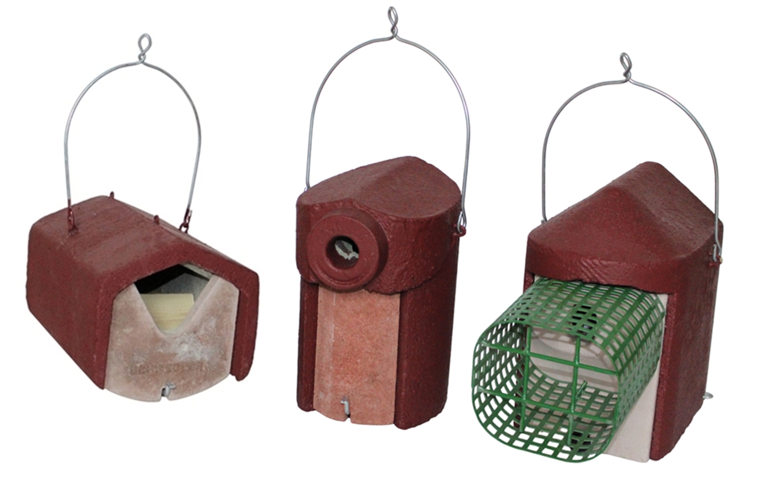 Nisthöhlen-Set für Gartenvögel - 3 räubersichere Vogelhäuser in Rot 2HW, 3SV, 2GR-WBS