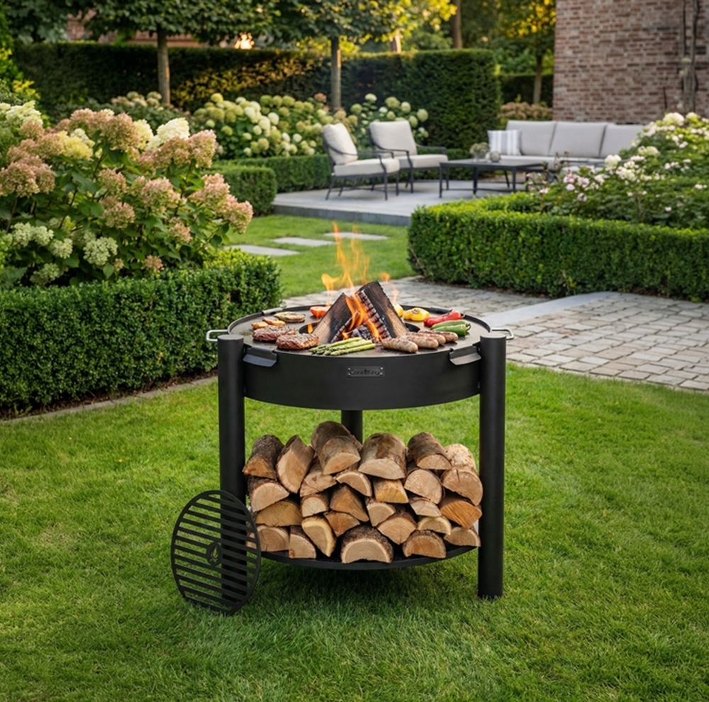Feuerschale 80 cm mit Grillplatte & Grillrost Montana high – Feuerstelle & Grill für Garten und Terrasse, Naturstahl