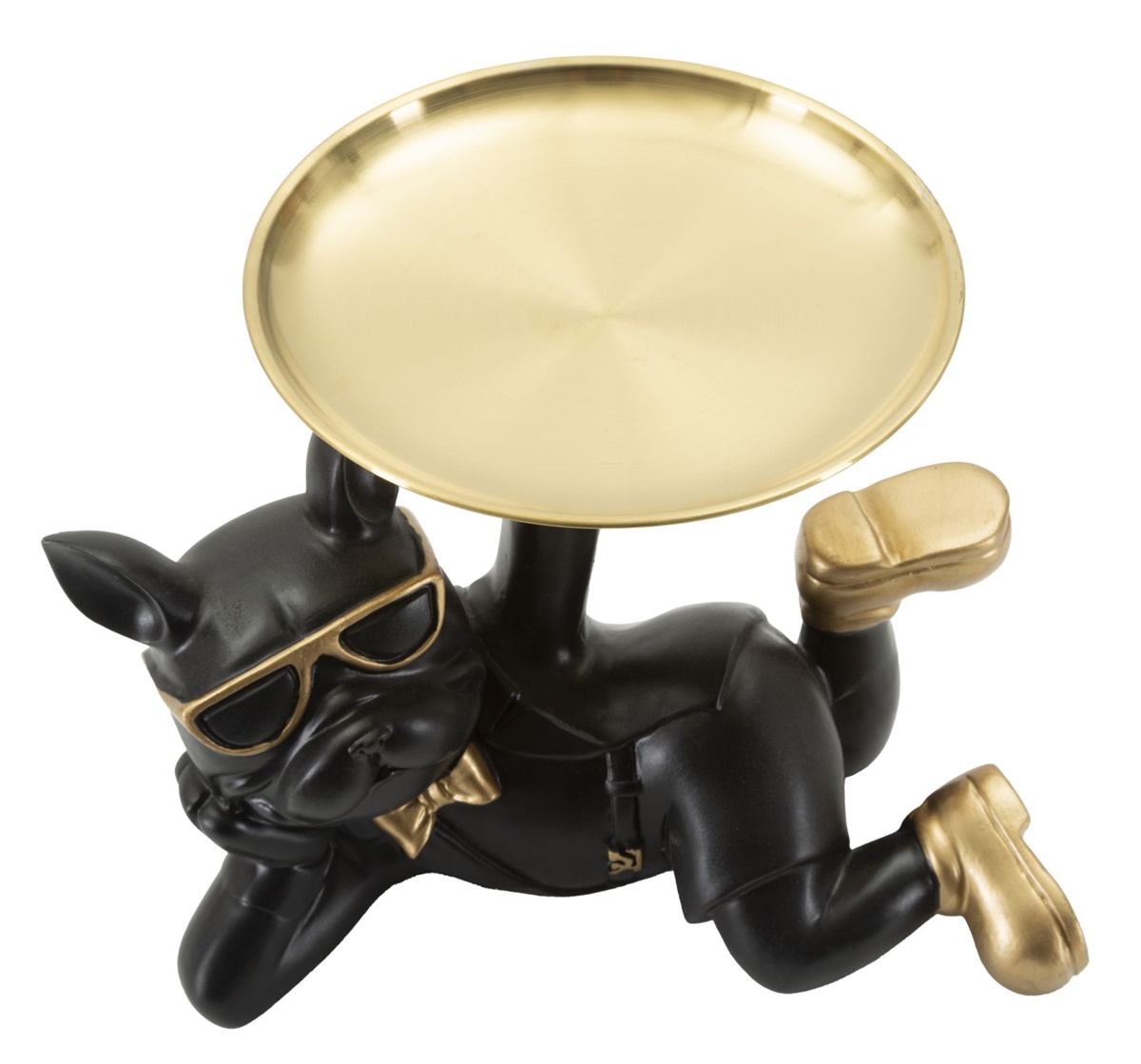 Dekofigur Hund Rover Cool schwarz klein liegend Tierfigur mit goldenem Tablett Brille H 18,5 cm