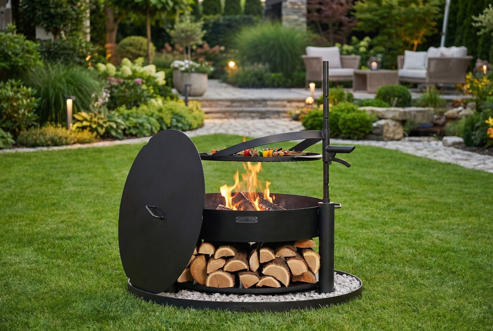 Feuerschale 80 cm SET MONTANA X mit Grillrost, Deckel & Steinbasis 100 cm – Feuerstelle Garten