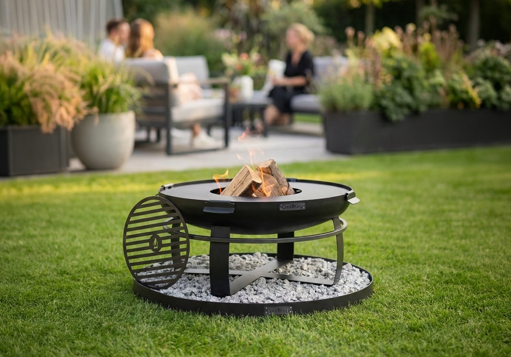 Feuerschale 80 cm SET VIKING mit Grillplatte 78 cm, Grillrost & Steinbasis 100 cm – Feuerstelle & Grill