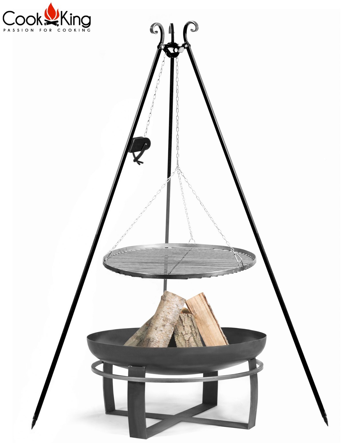 Set: Dreibein H 180 cm mit Grillrost Ø 50 cm Rohstahl und Kurbel + Feuerschale "Viking" Ø 60 cm