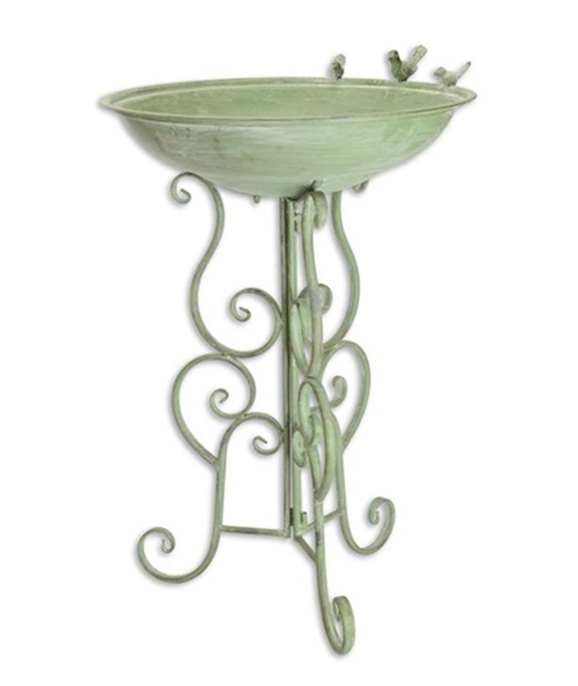 Jugendstil Vogeltränke Satz 2 Stück mit Ständer aus Eisen grün Romantische Vogelbad H 76 cm