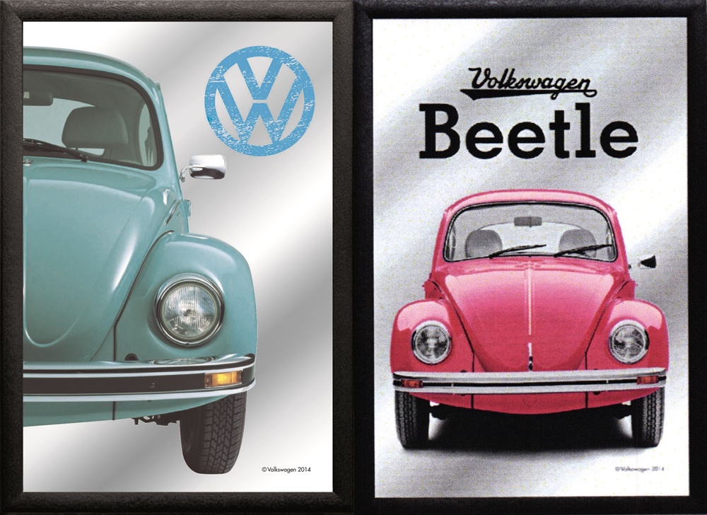 Set: 2 Spiegelbilder VW Käfer blau und rot Oldtimer 30x20 cm Wandbilder Hinterglasdruck mit Rahmen