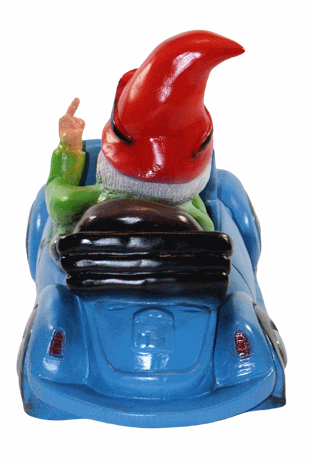 Deko Figur Zwerg H 23 cm Gartenzwerg im Auto mit Stinkefinger Gartenfigur aus Kunststoff