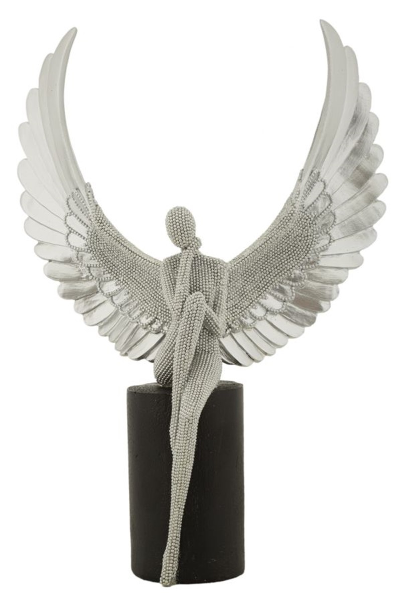 Dekofigur Statue " Sparky Aufgeweckt "  als Frauenskulptur sitzend mit Flügeln in Silber H 34 cm