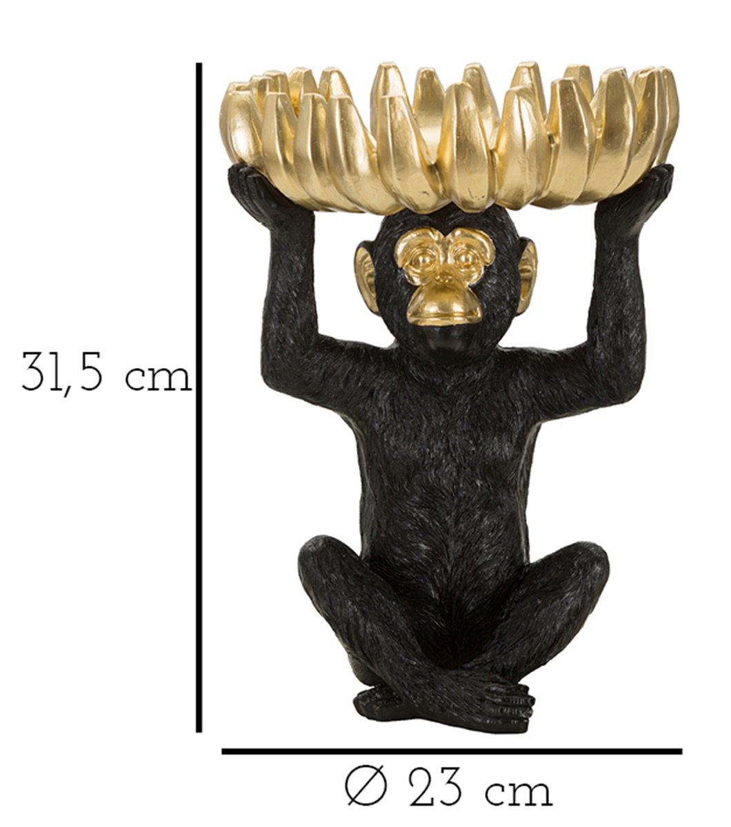 Dekofigur Affe Schimpanse sitzend Tierfigur mit goldener Bananenschale auf dem Kopf H 31,5 cm