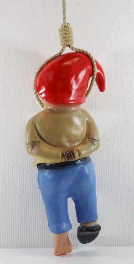 Gartenzwerg Deko Garten Figur Zwerg erhängt mit Seil umschlingt H 37 cm ohne Seil aus Kunststoff