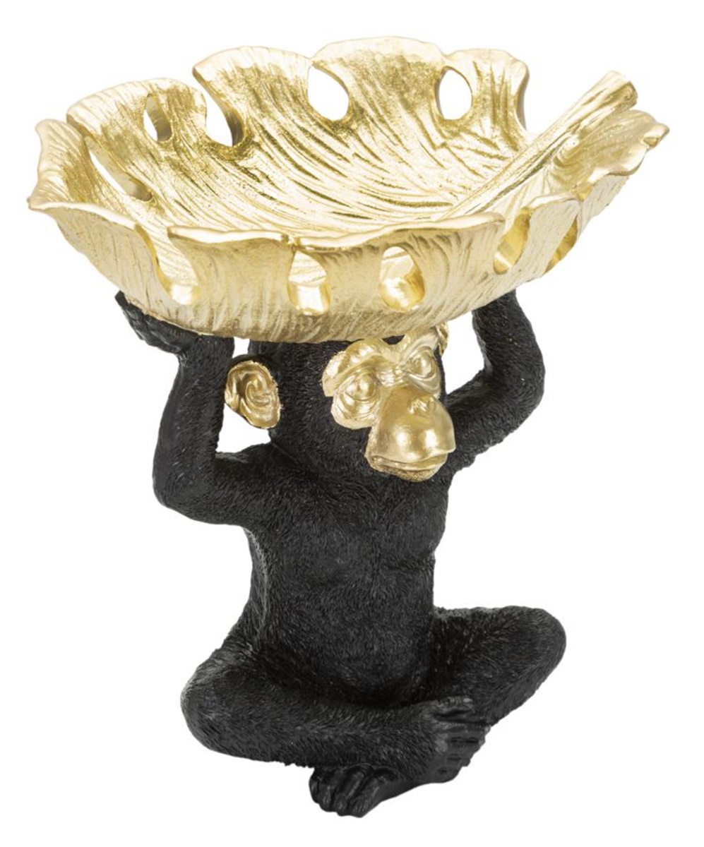 Dekofigur Affe Schimpanse schwarz klein sitzend Tierfigur mit goldener Schale auf dem Kopf H 24 cm