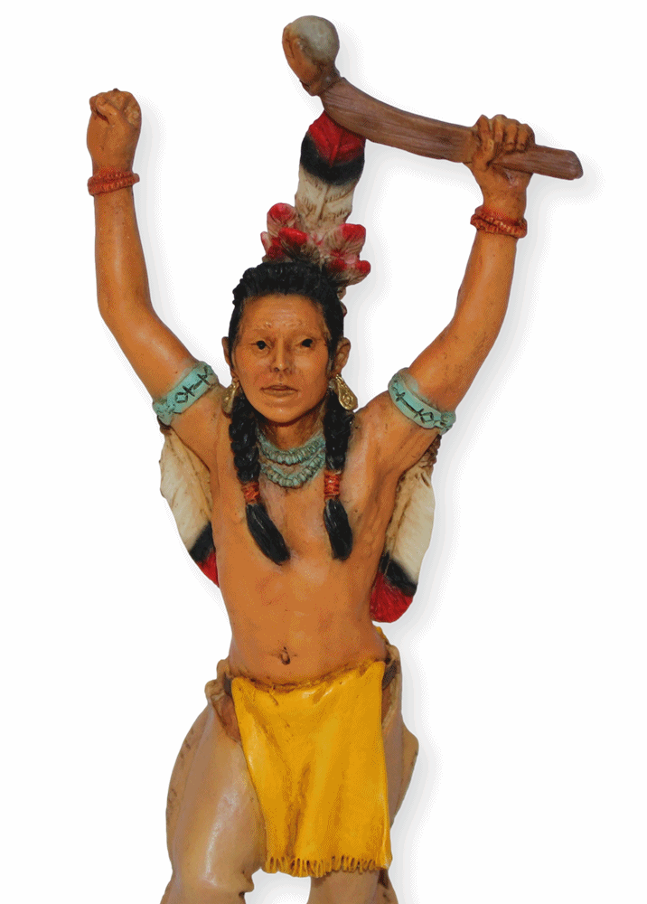Indianerfigur Massasoit H 24 cm Wasamegin Gelbe Feder mit Kopfschmuck stehend auf Holzstamm Castagna