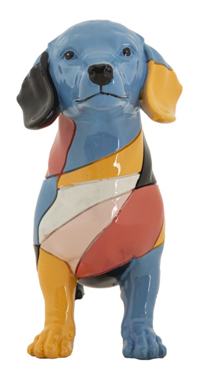 Dekofigur Hund Dackel stehend Skulptur Teckel groß mit abstraktem kubistischem Fellmotiv L 32,5 cm
