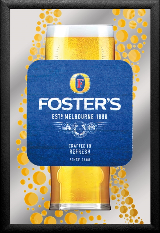 Set: 2 Spiegelbilder Fosters Bier Bar Deko Bilder 30x20 cm Hinterglasdruck mit schwarzem Rahmen