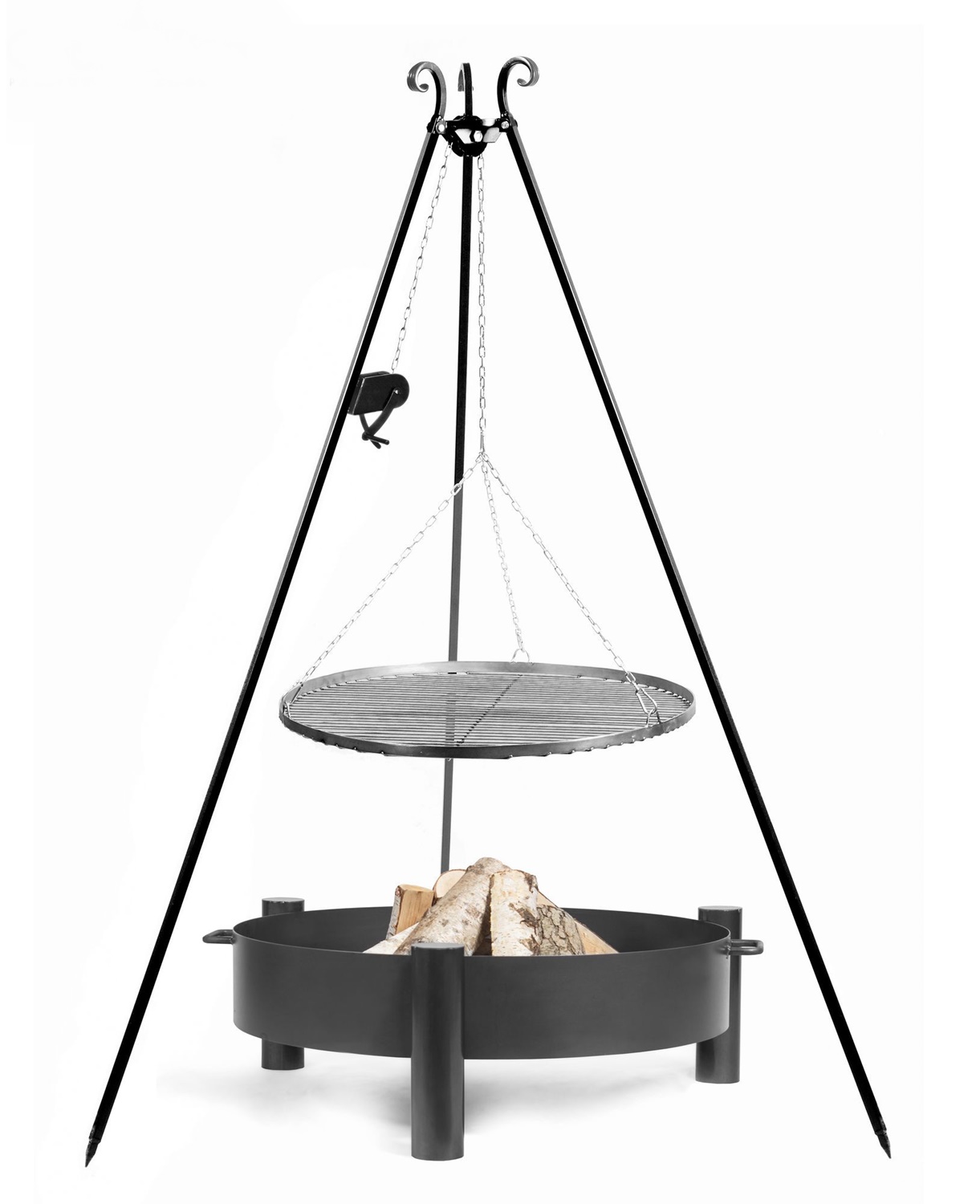 Set: Dreibein H 180 cm mit Grillrost Ø 50 cm aus Rohstahl und Kurbel + Feuerschale "Haiti" Ø 60 cm