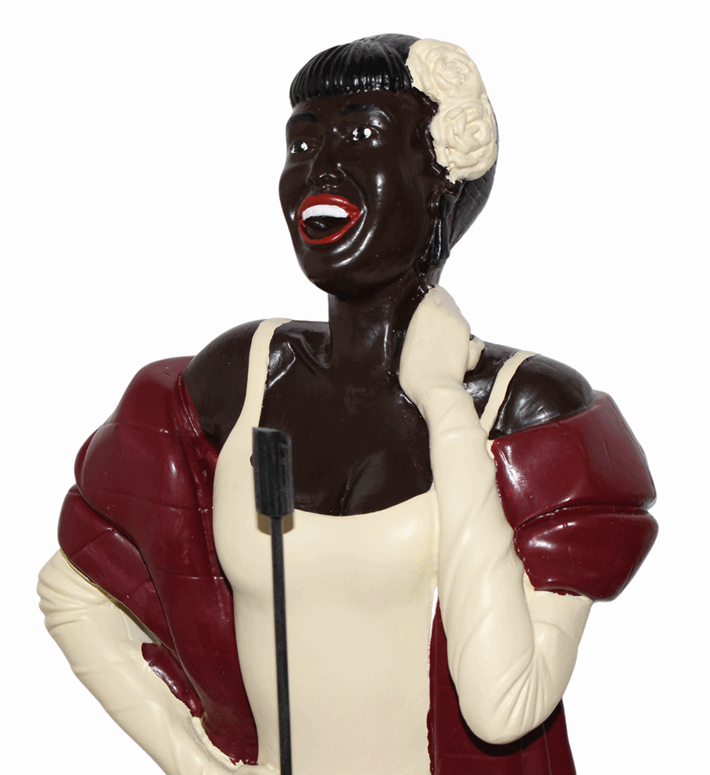 Dekofigur Deko Figur Sängerin Jazz Band Musikerin mit Mikrophon im Abendkleid aus Kunstharz H 52 cm