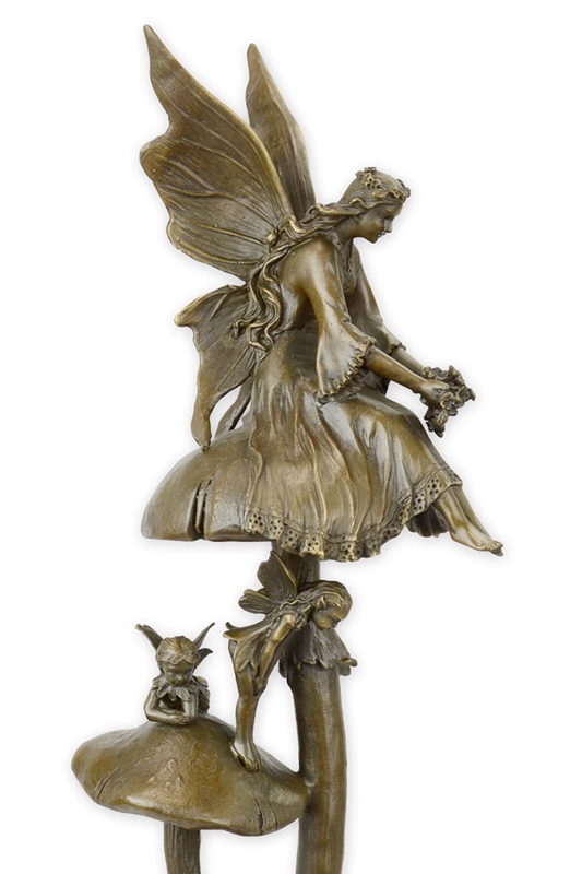 Bronzefigur Bronzeskulptur Feen auf Pilz aus Bronze auf Marmorsockel H 46 cm Fantasie Deko Figur