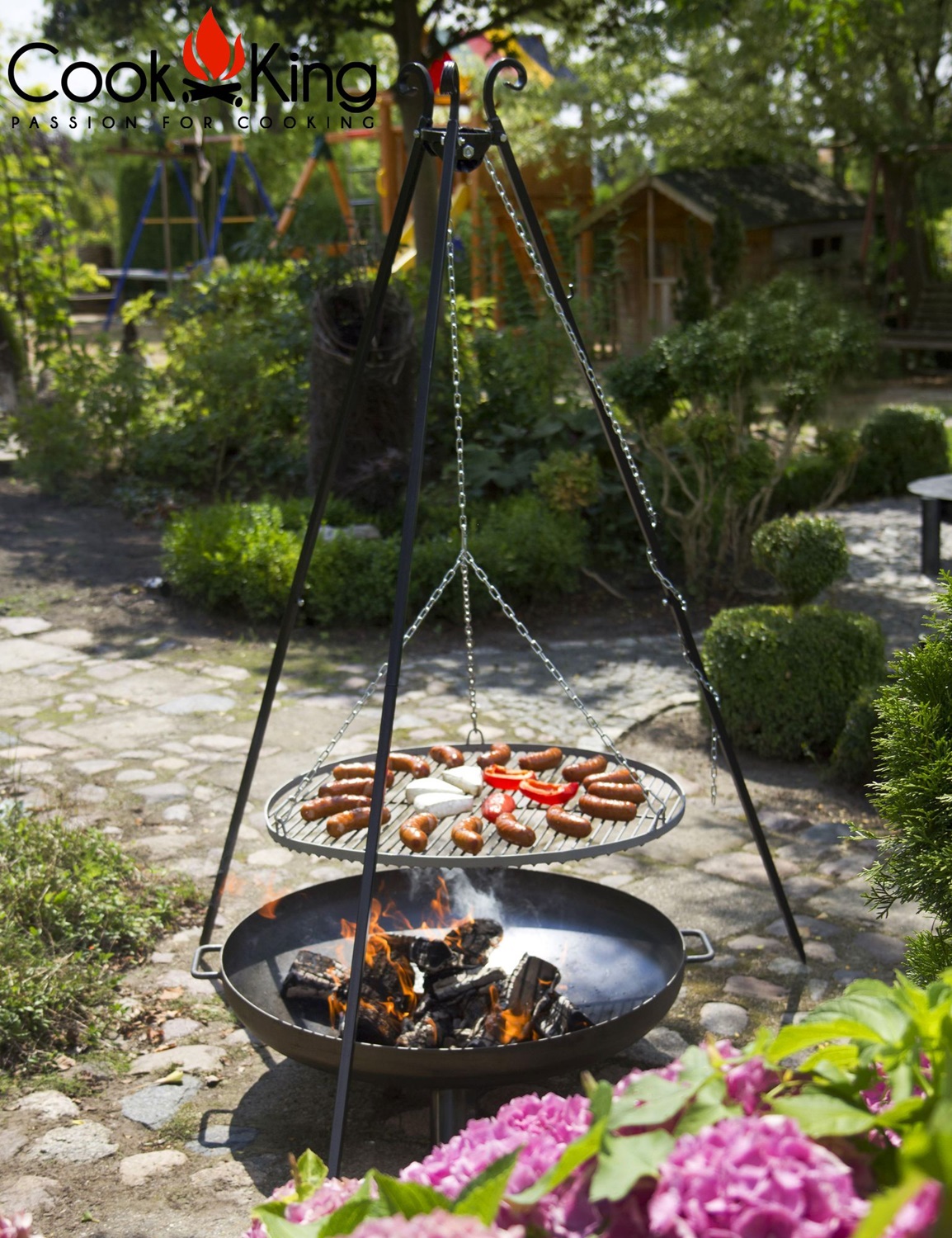 Set: Dreibein H 180 cm mit Grillrost Ø 60 cm Edelstahl + Feuerschale "Bali" Ø 70 cm Schwenkgrill