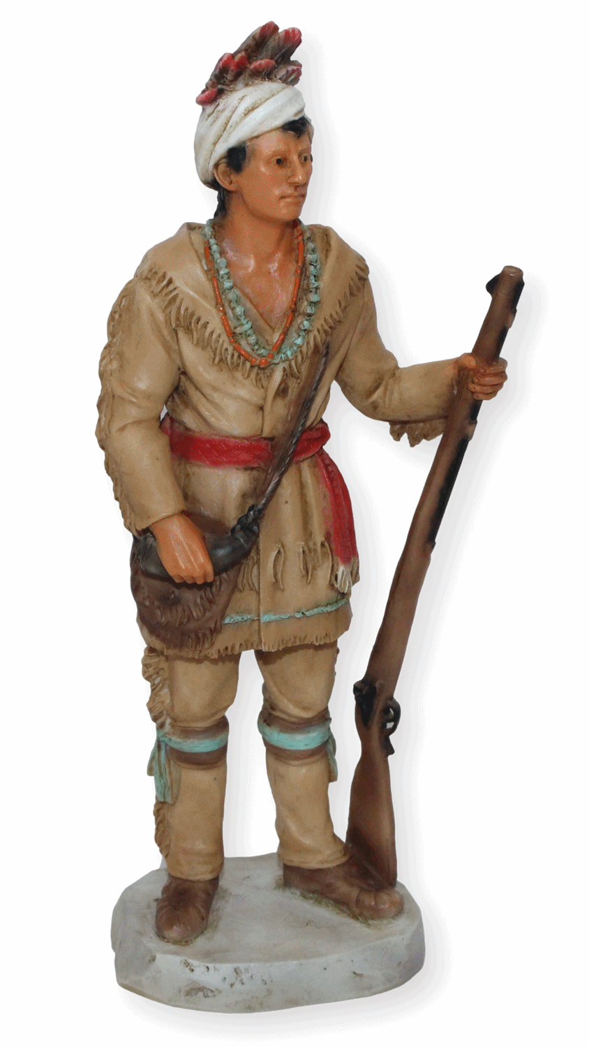 Indianerfigur Häuptling Tahchee H 17 cm stehend mit Tasche und Gewehr in Hand Native American