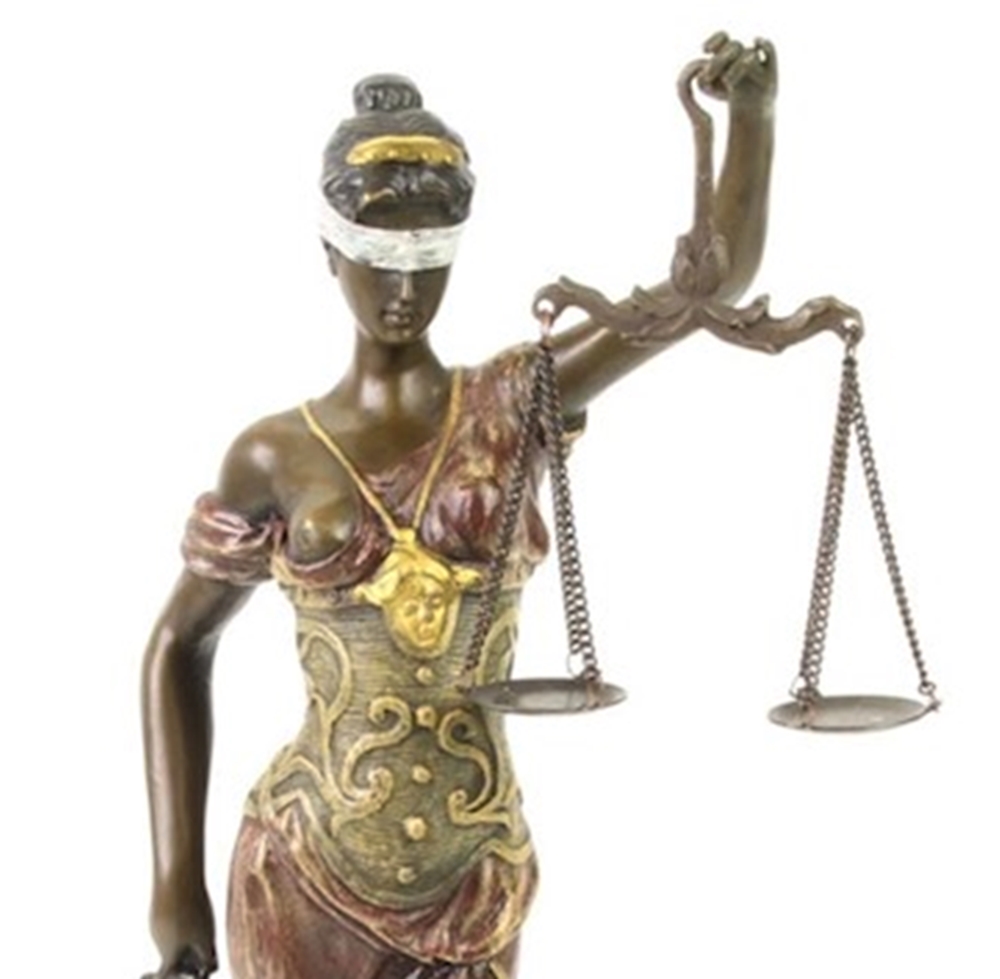 Bronzefigur Bronzeskulptur Bronze Justitia auf Marmorsockel H 40 cm Göttin der Gerechtigkeit Figur