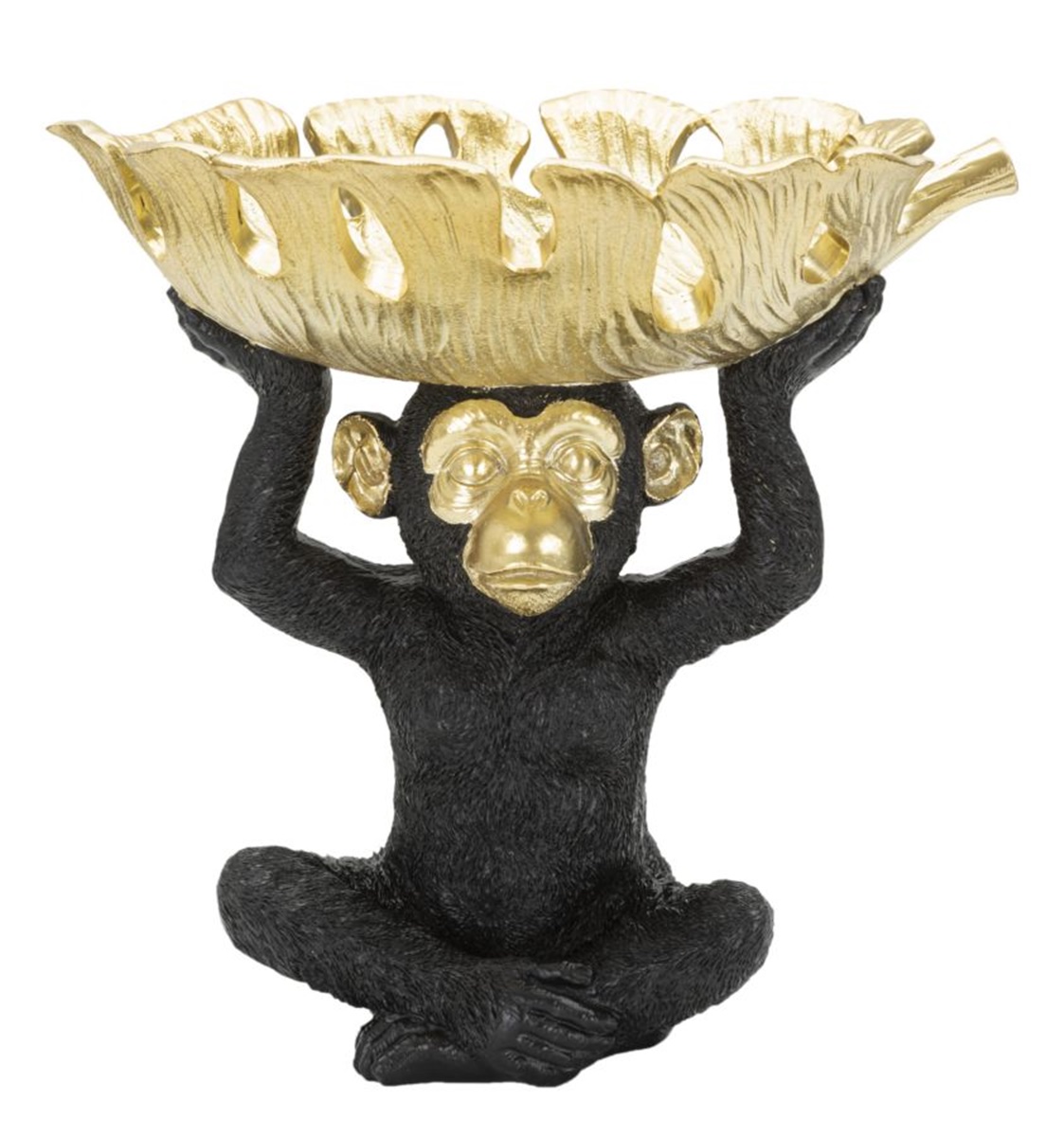 Dekofigur Affe Schimpanse schwarz klein sitzend Tierfigur mit goldener Schale auf dem Kopf H 24 cm