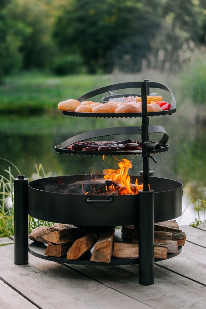 Feuerschale "Montana X" Ø 80 cm mit drehbahrem Rost Ø 60 cm aus Stahl als Wärmequelle oder Grill