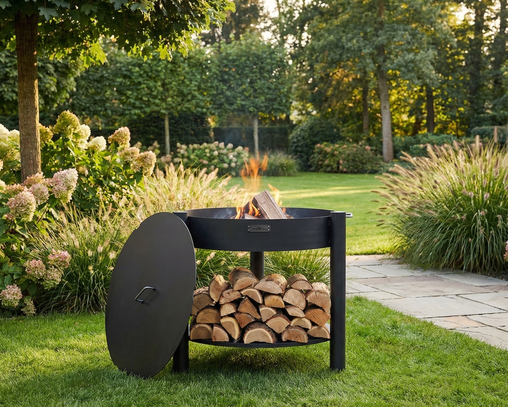 Feuerschale 80 cm mit Deckel Montana high – Feuerstelle & Grill für Garten und Terrasse, Naturstahl