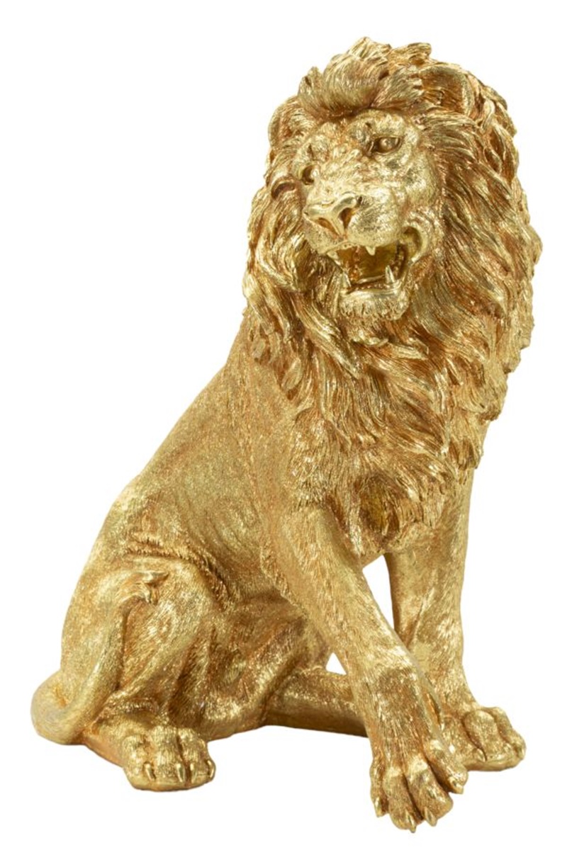 Dekofigur Löwe seitlich sitzend Tierfigur  Skulptur stolzer Löwenkönig Shanti in edlem Gold H 55 cm