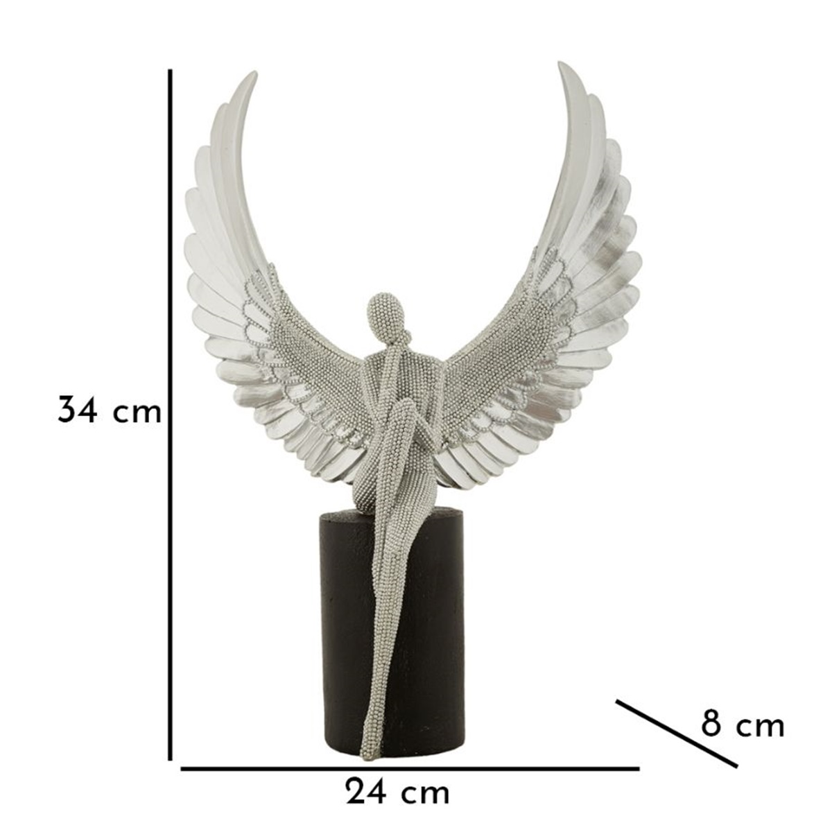 Dekofigur Statue " Sparky Aufgeweckt "  als Frauenskulptur sitzend mit Flügeln in Silber H 34 cm