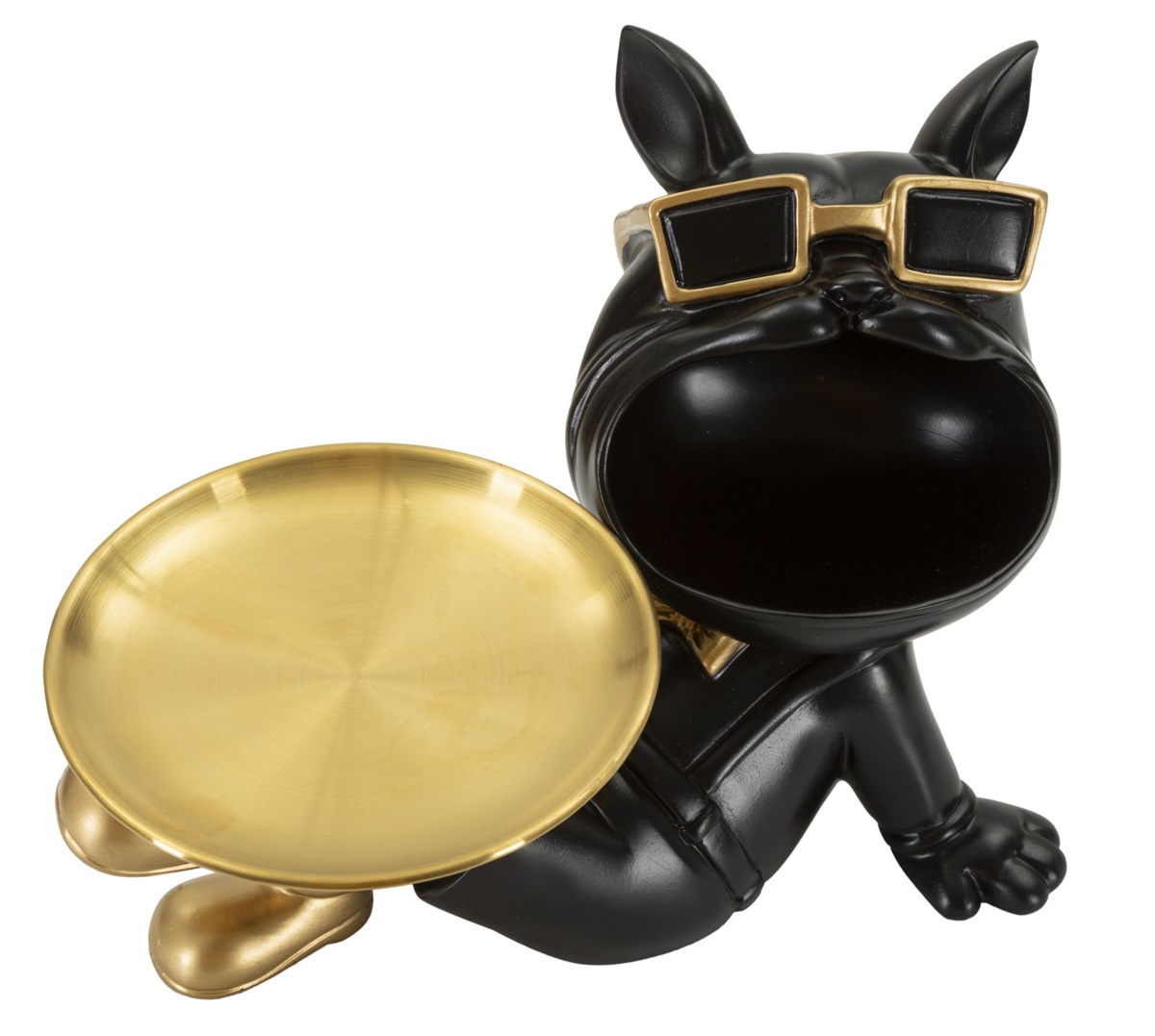 Dekofigur Hund Buddy Cool schwarz klein liegend mit goldenem Tablett und Mundbehälter H 18,5 cm