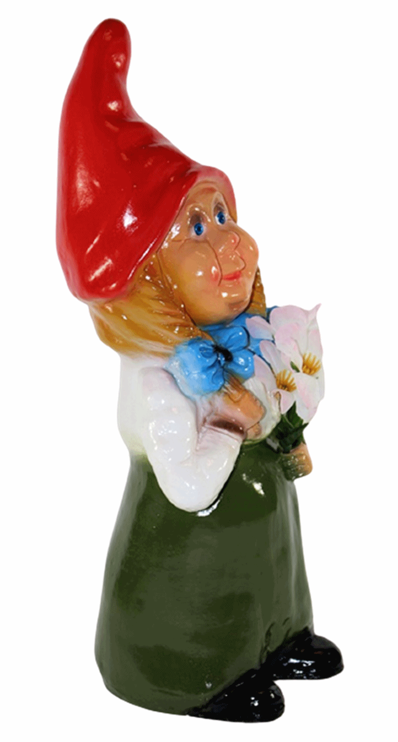 Gartenzwerg Deko Garten Figur Zwerg Zwergenfrau mit Blumen stehend aus Kunststoff H 32 cm