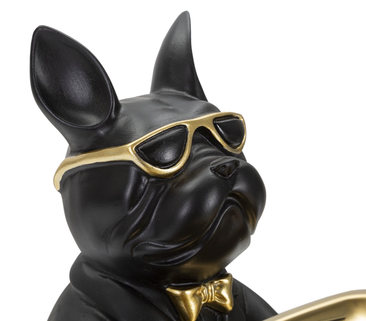 Dekofigur Hund Bulldogge Cool schwarz klein sitzend Tierfigur mit goldenem Tablett Brille H 23,5 cm