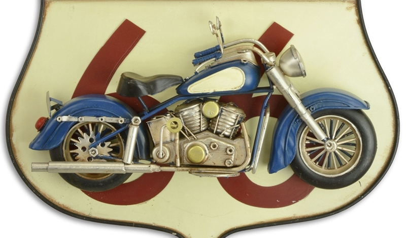 Blechmodell Nostalgie 3D Deko Wandschild aus Blech „Route 66“ mit montiertem Motorrad L 33 cm