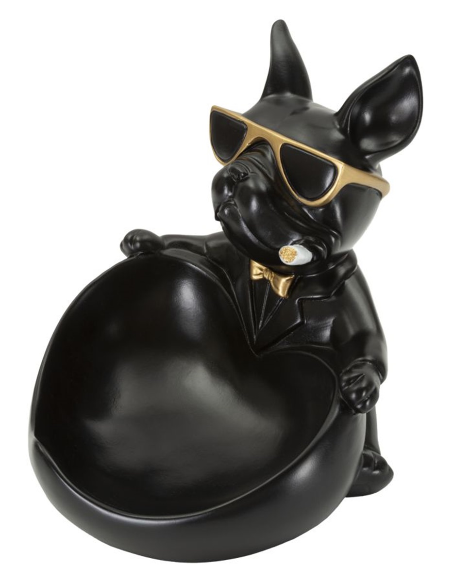 Dekofigur Hund Ball Cool schwarz klein sitzend mit Brille vor großem Napf als Behälter H 20 cm