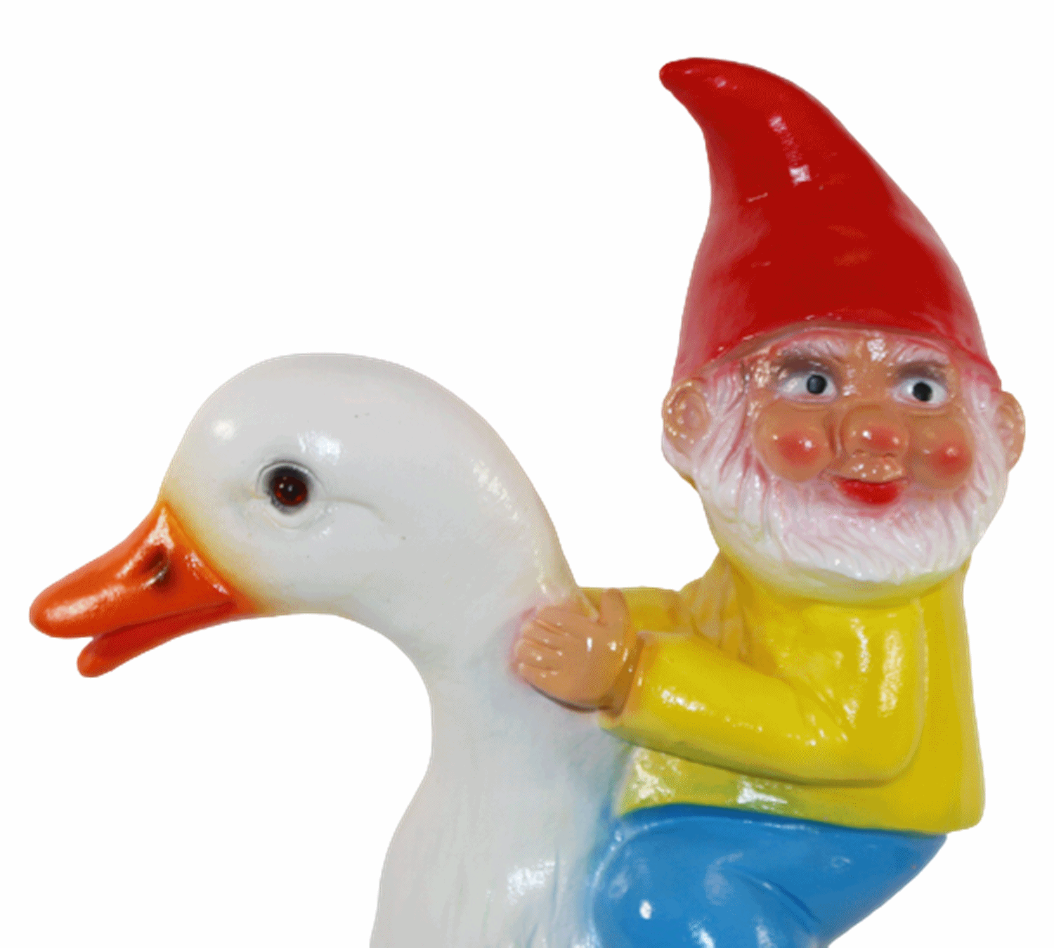 Gartenzwerg Deko Garten Figur Zwerg sitzend auf Ente Gartenfigur aus Kunststoff H 39 cm