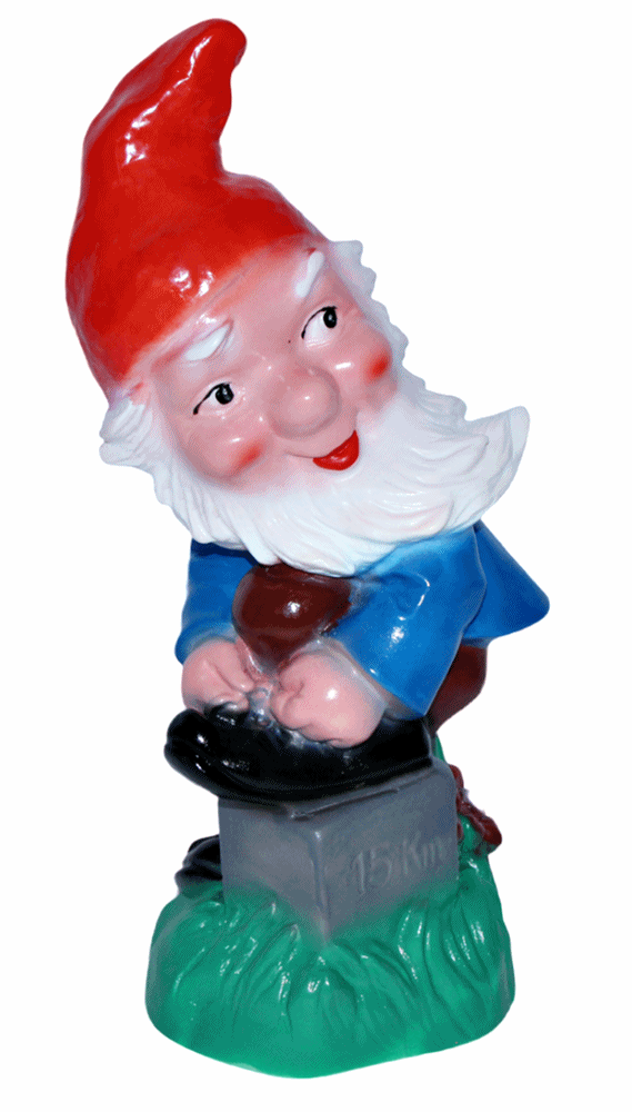 Gartenzwerg stehend auf Kilometer-Stein Figur Zwerg H 27 cm Gartenfigur aus Kunststoff