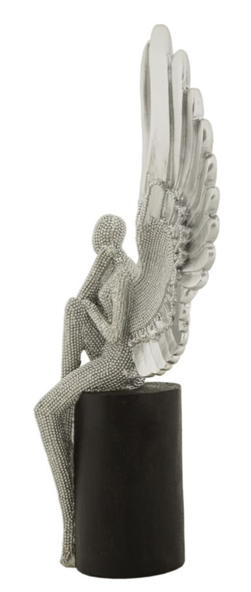 Dekofigur Statue " Sparky Aufgeweckt "  als Frauenskulptur sitzend mit Flügeln in Silber H 34 cm