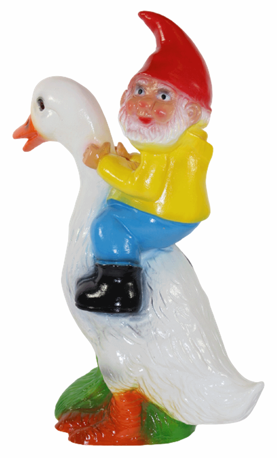 Gartenzwerg Deko Garten Figur Zwerg sitzend auf Ente Gartenfigur aus Kunststoff H 39 cm