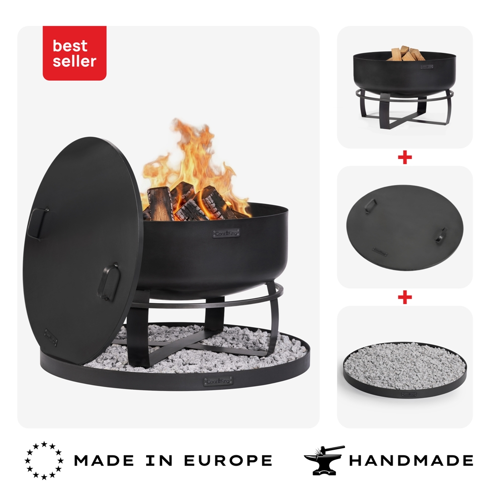 Feuerschale XXL 80 cm SET VIKING mit Deckel 81,5 cm & Steinbasis 100 cm – Feuerstelle Terrasse Garten