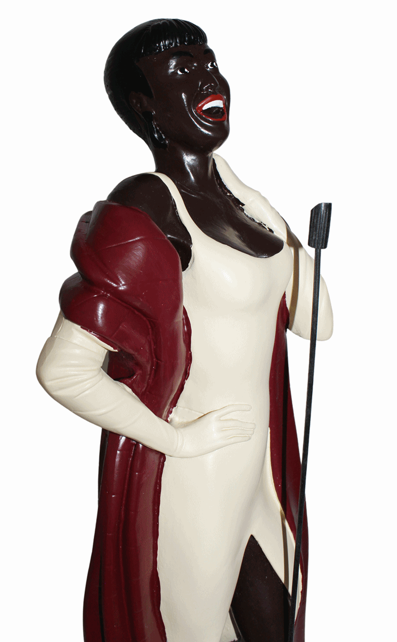 Dekofigur Deko Figur Sängerin Jazz Band Musikerin mit Mikrophon im Abendkleid aus Kunstharz H 52 cm