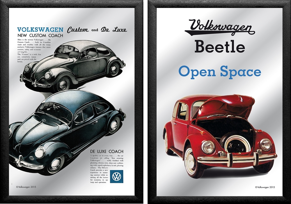 Set: 2 Spiegelbilder VW Beetle Oldtimer 30x20 cm Wandbilder Hinterglasdruck mit schwarzem Rahmen