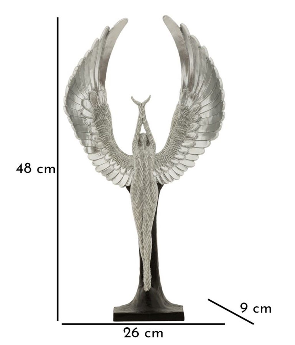 Dekofigur Statue " Sparky Aufgeweckt "  als Frauenskulptur stehend mit Flügeln in Silber H 48 cm