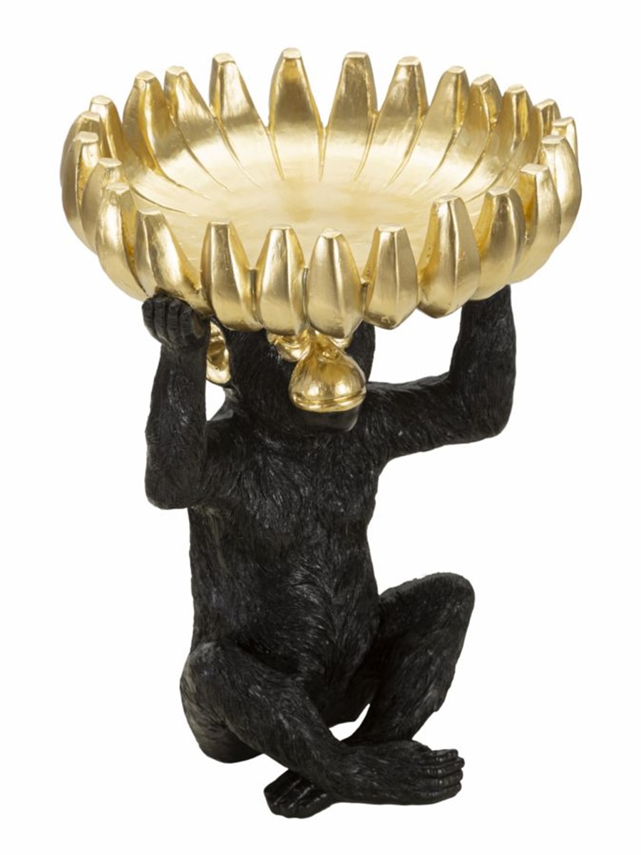 Dekofigur Affe Schimpanse sitzend Tierfigur mit goldener Bananenschale auf dem Kopf H 31,5 cm