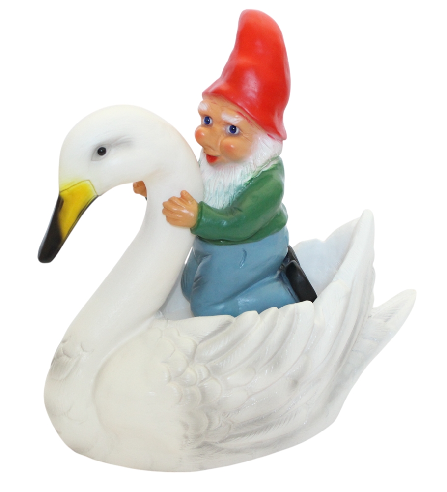 Gartenzwerg auf Schwan H 35 cm witzige Teichfigur aus Kunststoff, Dekofigur für Garten & Teich