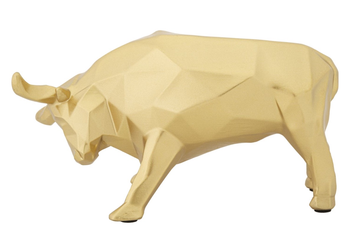 Dekofigur Bulle stehend im Angriff Symbol für Optimismus Tierfigur in goldener Optik  H 10,6 cm
