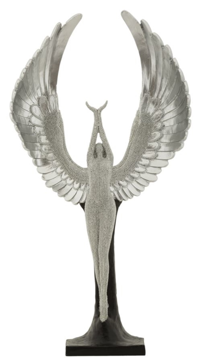 Dekofigur Statue " Sparky Aufgeweckt "  als Frauenskulptur stehend mit Flügeln in Silber H 48 cm
