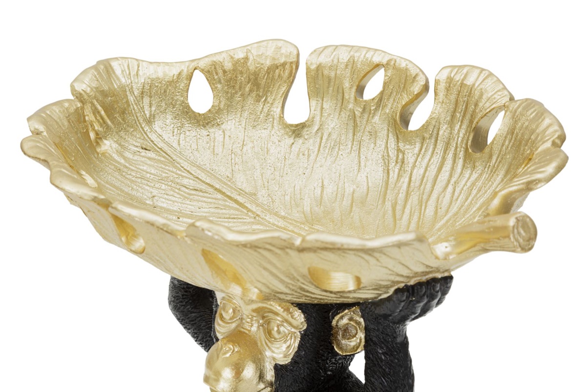 Dekofigur Affe Schimpanse schwarz klein sitzend Tierfigur mit goldener Schale auf dem Kopf H 24 cm