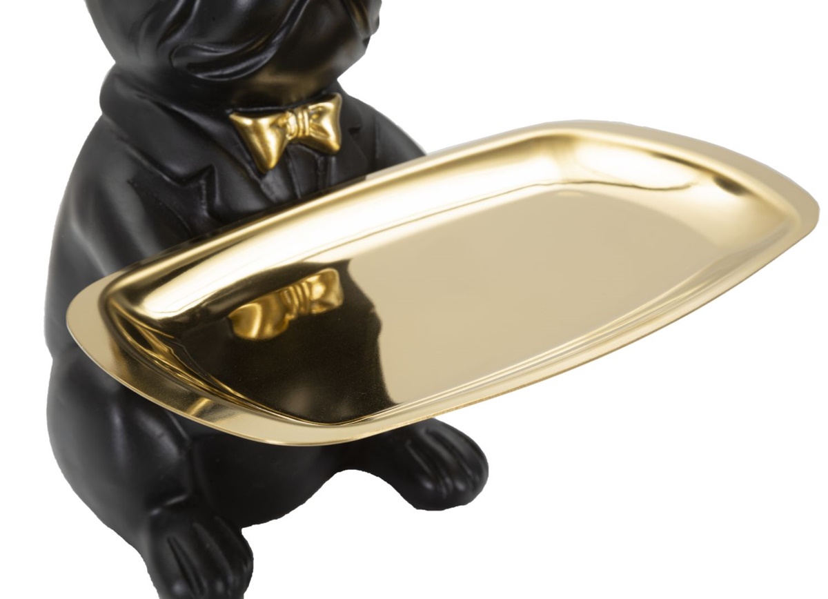 Dekofigur Hund Bulldogge Cool schwarz klein sitzend Tierfigur mit goldenem Tablett Brille H 23,5 cm